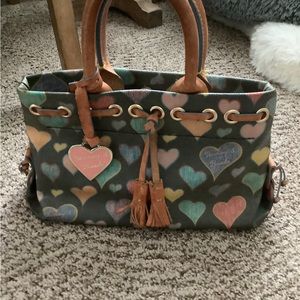 Dooney & Bourke Coated Canvas Multicolor Hearts Printed Tiny tassel Mini tote